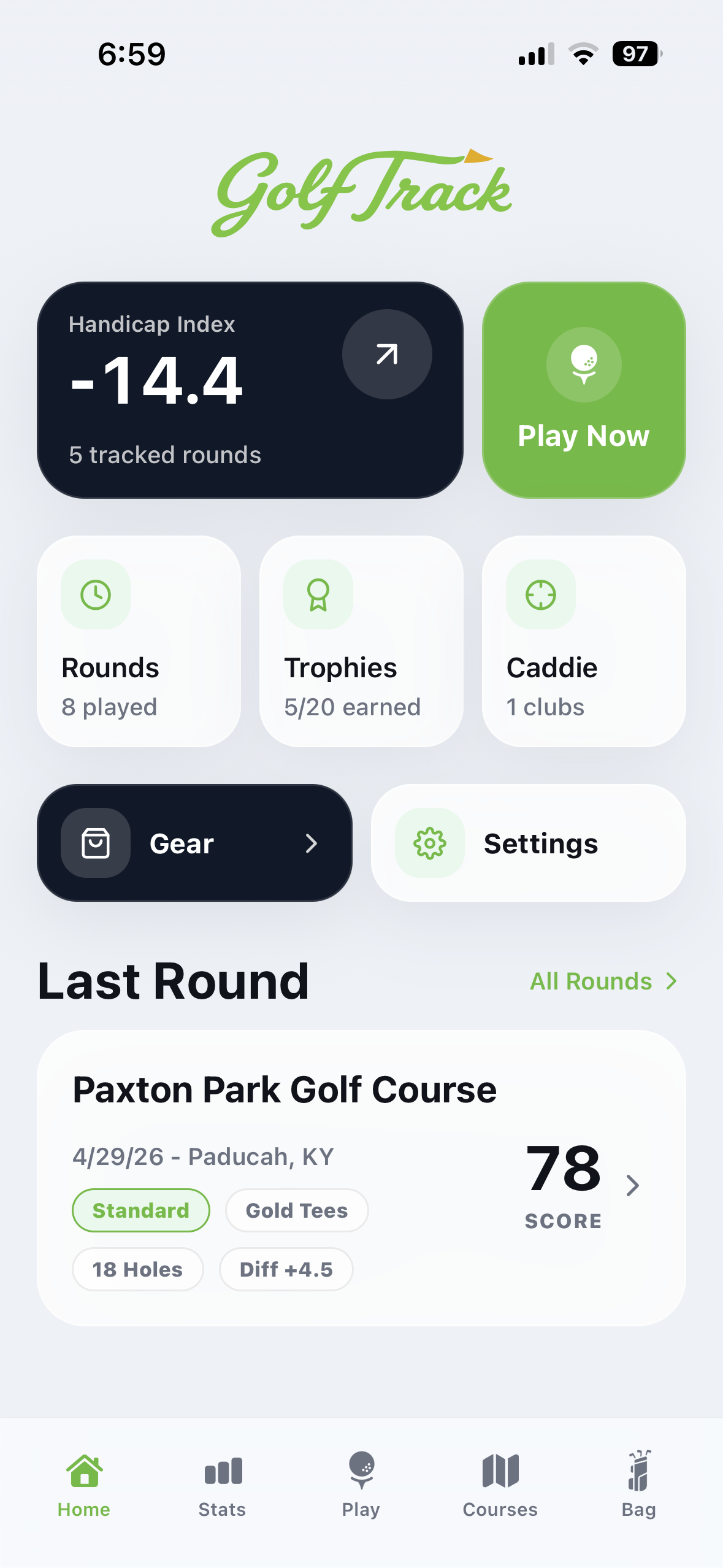 GolfTrack home dashboard